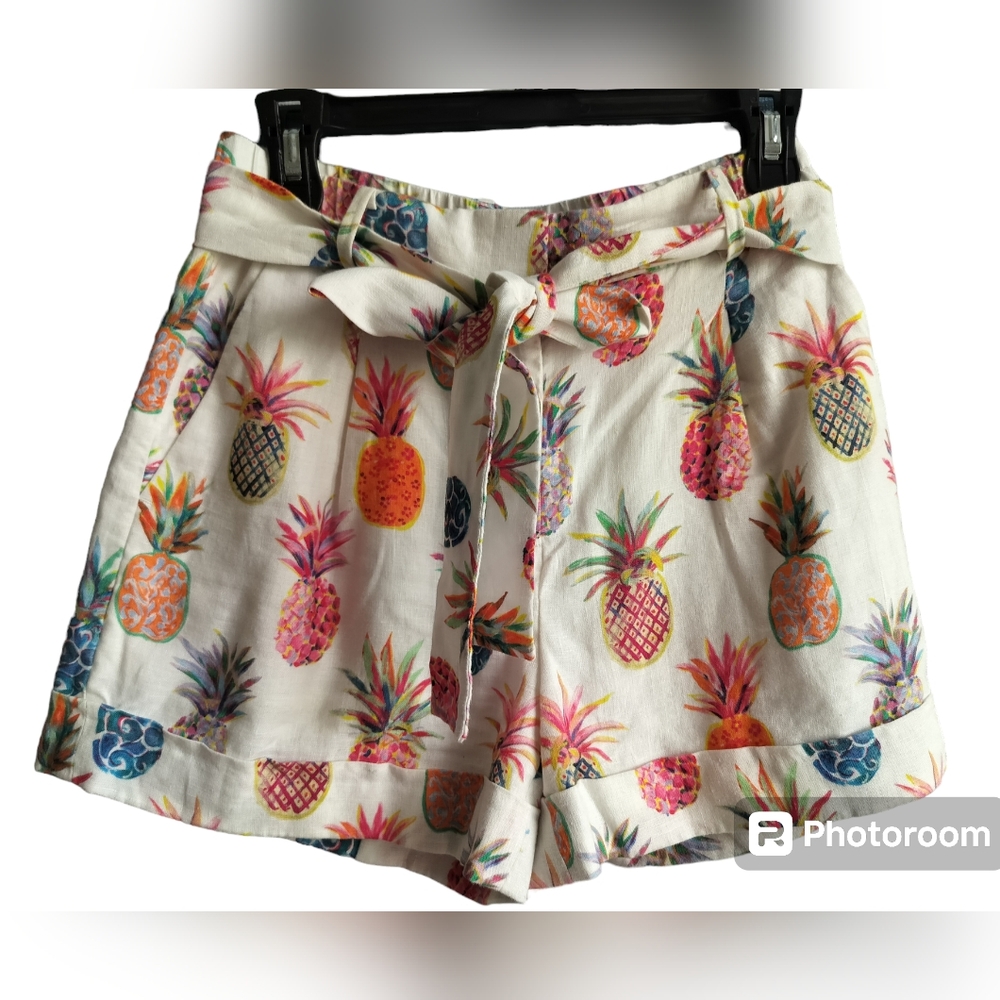 J. Crew women's Pineapple Print Paper Bag Belted Linen Casual Short Size 2 - Picture 6 of 15